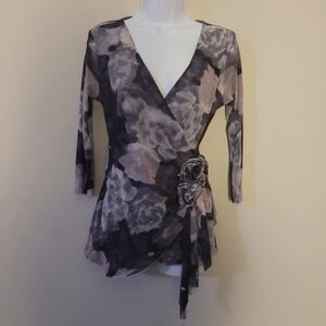 Y2K Sweet Pea Grey Floral Mesh Asymmetrical Wrap Top Sz M Fairy Grunge